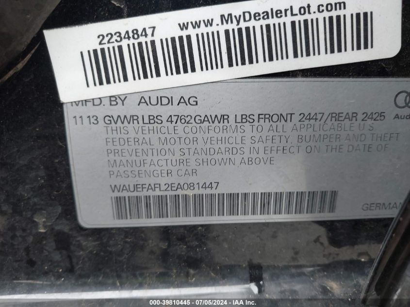 2014 Audi A4 2.0T Premium VIN: WAUEFAFL2EA081447 Lot: 39810445