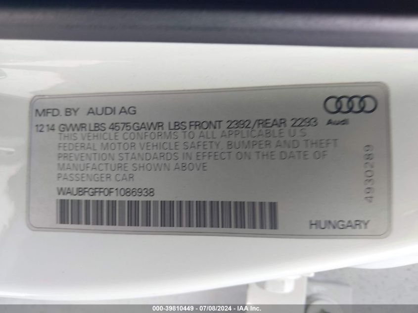 2015 Audi A3 2.0T Premium VIN: WAUBFGFF0F1086938 Lot: 39810449