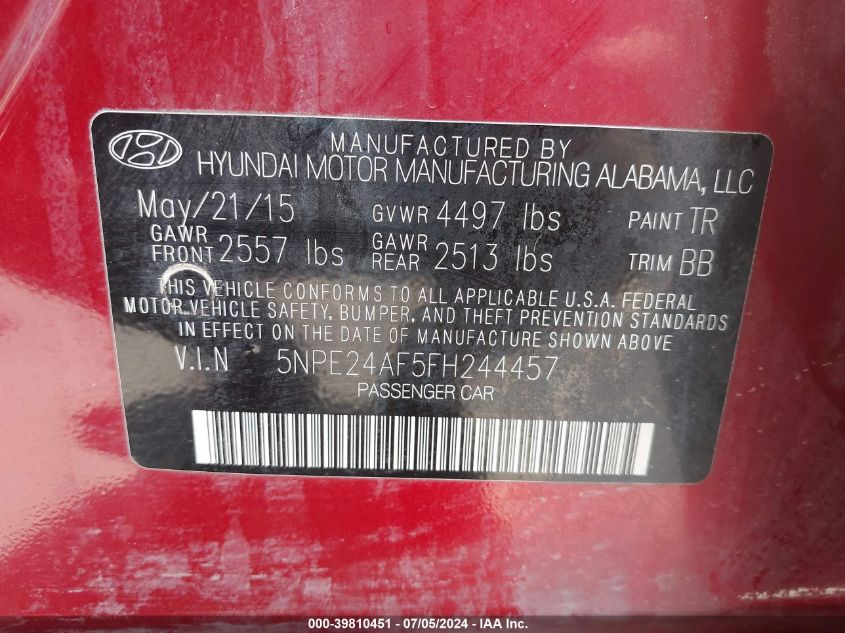 2015 Hyundai Sonata Se VIN: 5NPE24AF5FH244457 Lot: 39810451