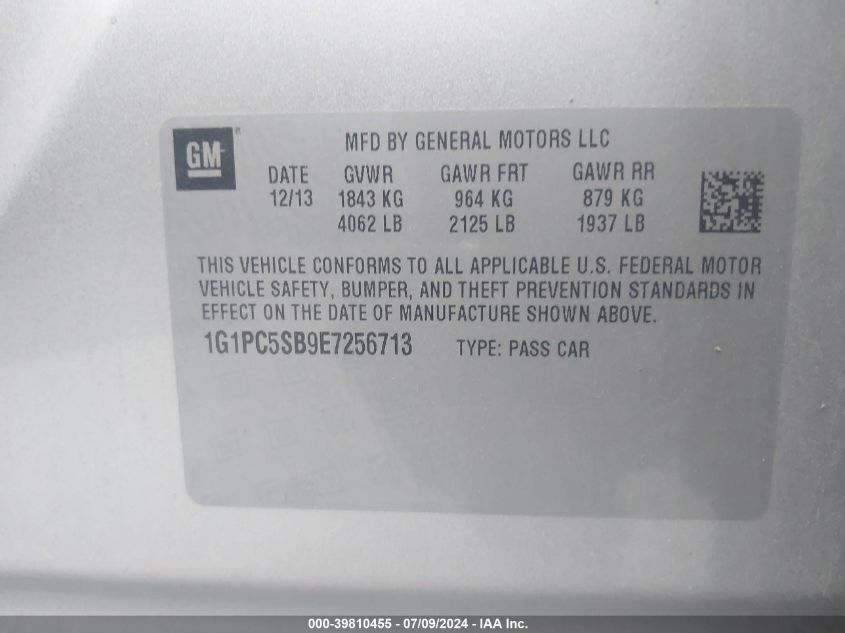 2014 Chevrolet Cruze Lt VIN: 1G1PC5SB9E7256713 Lot: 39810455