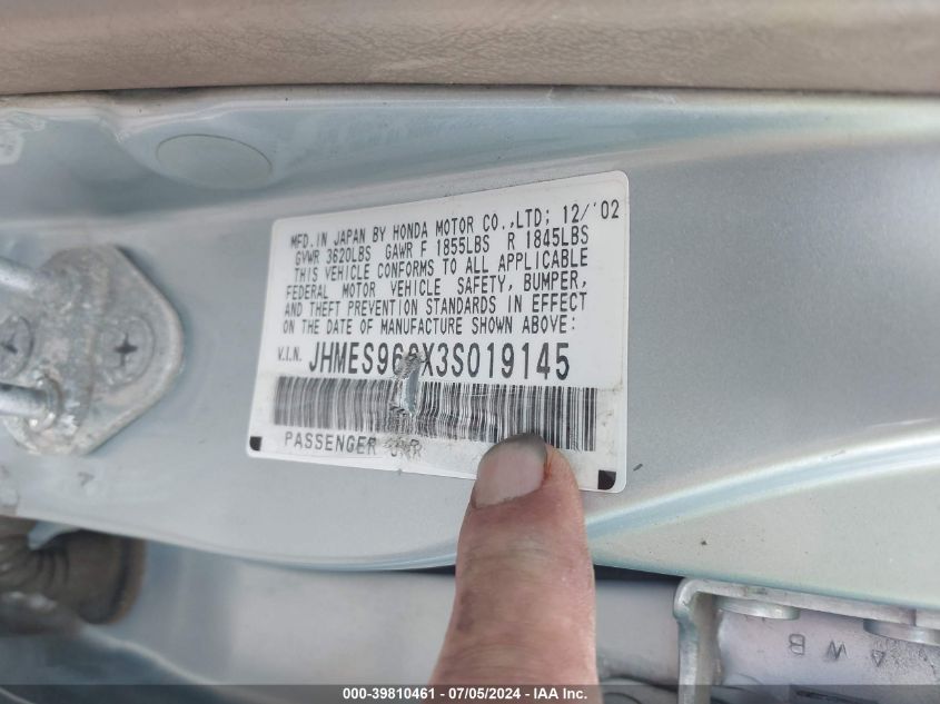 2003 Honda Civic Hybrid VIN: JHMES966X3S019145 Lot: 39810461