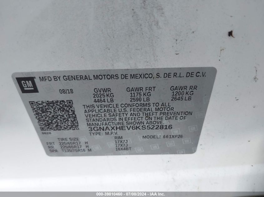 3GNAXHEV6KS522816 2019 Chevrolet Equinox Ls