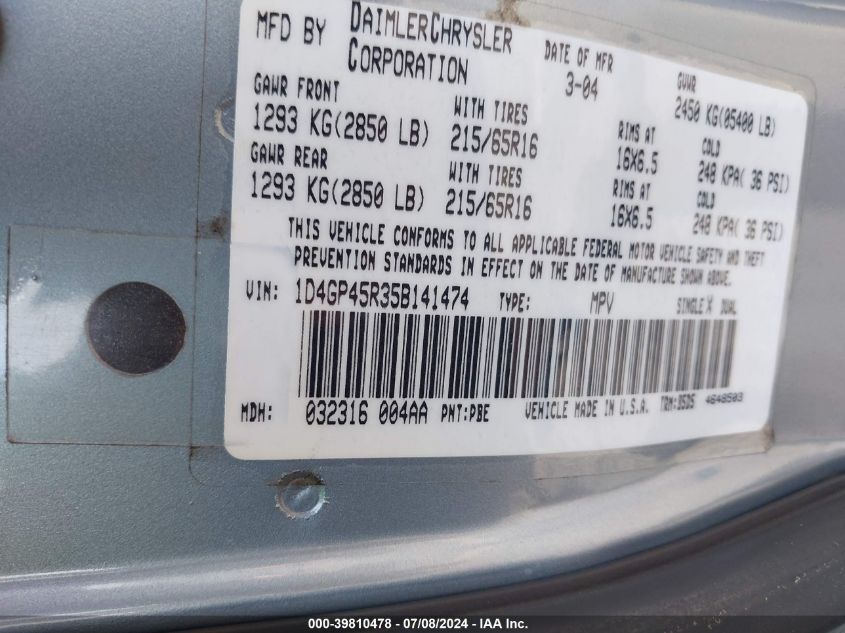 2005 Dodge Caravan Sxt VIN: 1D4GP45R35B141474 Lot: 39810478