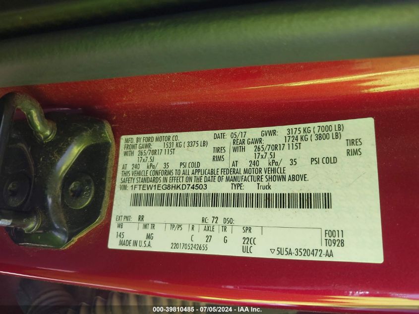 2017 Ford F-150 Xlt VIN: 1FTEW1EG8HKD74503 Lot: 39810485