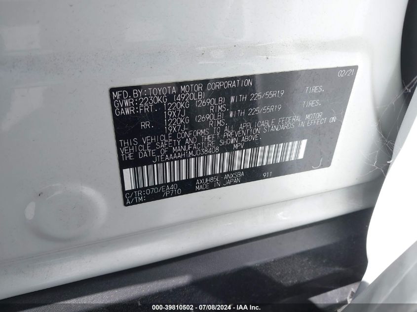 2021 Toyota Venza Limited VIN: JTEAAAAH1MJ038408 Lot: 39810502