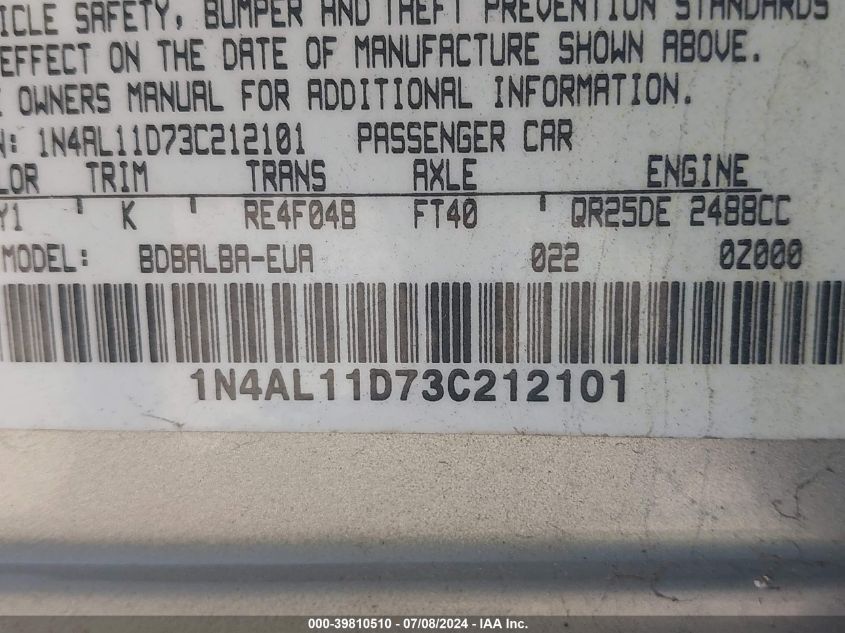 2003 Nissan Altima 2.5 S VIN: 1N4AL11D73C212101 Lot: 39810510