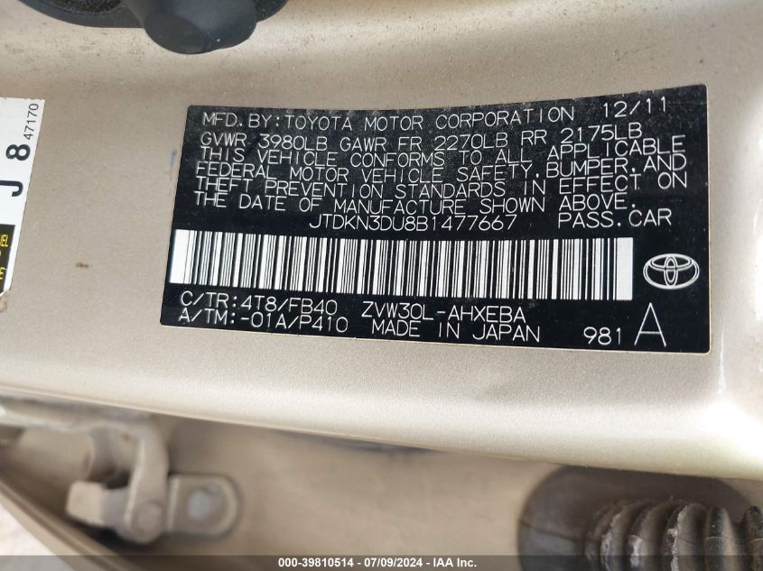 2011 Toyota Prius Two VIN: JTDKN3DU8B1477667 Lot: 39810514