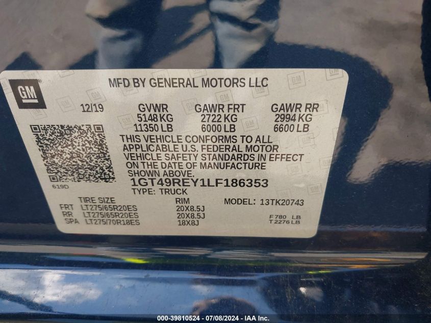 2020 GMC Sierra 2500Hd 4Wd Standard Bed Denali VIN: 1GT49REY1LF186353 Lot: 39810524