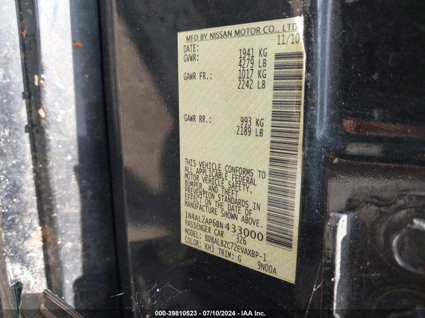 2011 Nissan Altima 2.5 S VIN: 1N4AL2AP6BN433000 Lot: 39810523