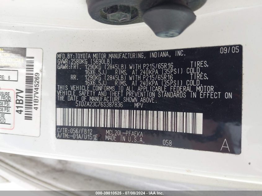 2006 Toyota Sienna Ce VIN: 5TDZA23C76S387836 Lot: 39810525