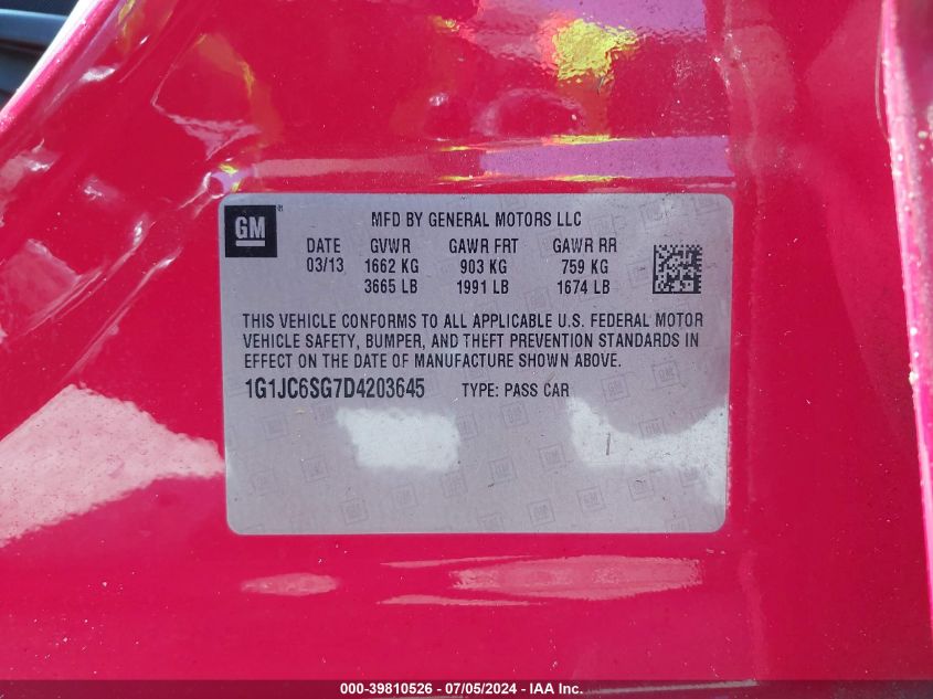 2013 Chevrolet Sonic Lt Auto VIN: 1G1JC6SG7D4203645 Lot: 39810526
