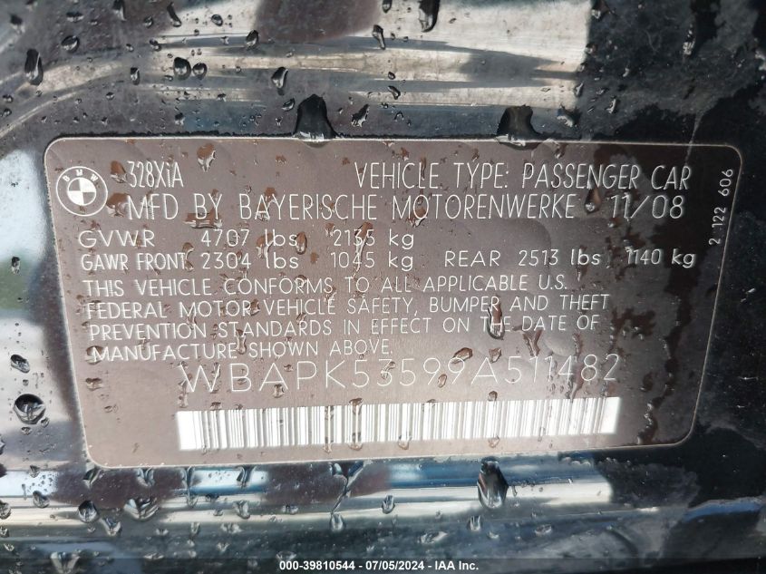 2009 BMW 328I xDrive VIN: WBAPK53599A511482 Lot: 39810544