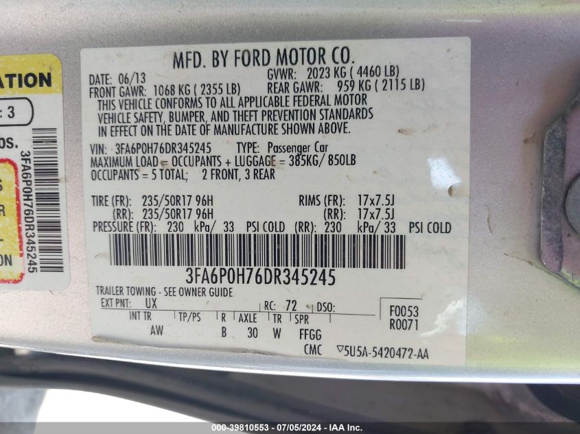 2013 Ford Fusion Se VIN: 3FA6P0H76DR345245 Lot: 39810553