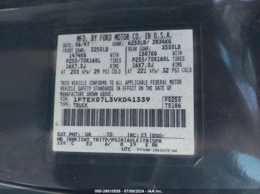 1997 Ford F150 VIN: 1FTEX07L3VKD41339 Lot: 39810559