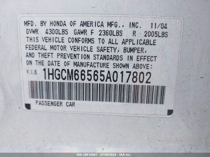 2005 Honda Accord 3.0 Ex VIN: 1HGCM66565A017802 Lot: 39810561
