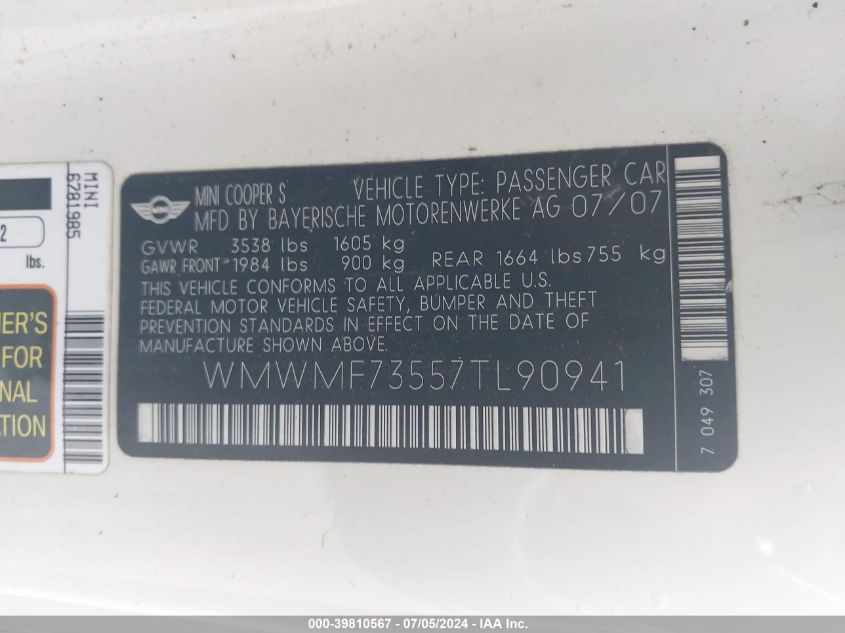 2007 Mini Cooper S VIN: WMWMF73557TL90941 Lot: 39810567