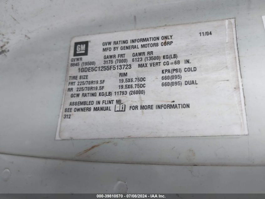 2005 GMC C5500 VIN: 1GDE5C1255F513723 Lot: 39810570