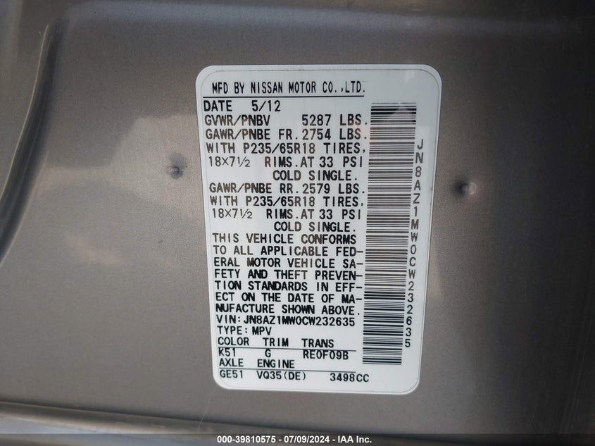 2012 Nissan Murano S VIN: JN8AZ1MW0CW232635 Lot: 39810575