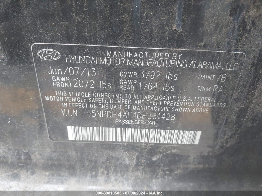 2013 Hyundai Elantra Gls/Limited VIN: 5NPDH4AE4DH361428 Lot: 39810583