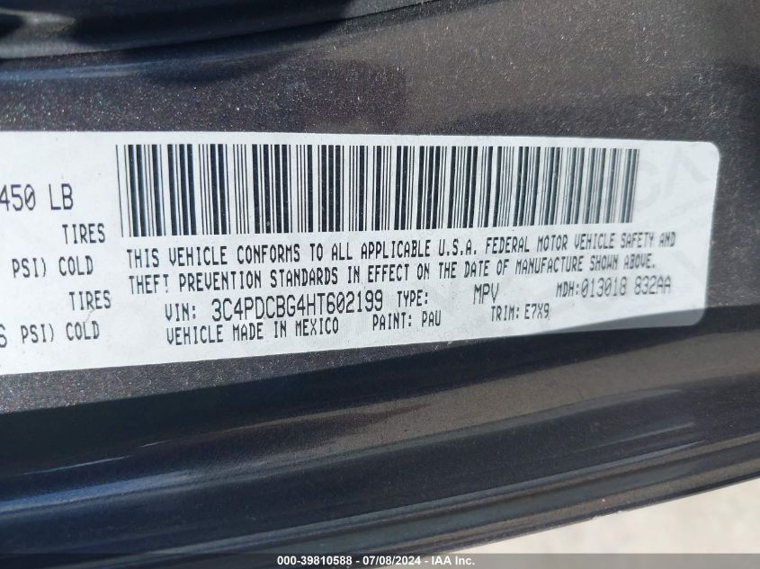 2017 Dodge Journey Sxt VIN: 3C4PDCBG4HT602199 Lot: 39810588