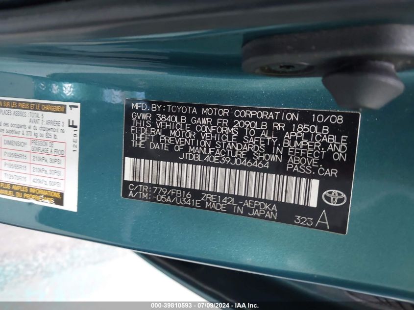 2009 Toyota Corolla Le/Xle VIN: JTDBL40E39J046464 Lot: 39810593