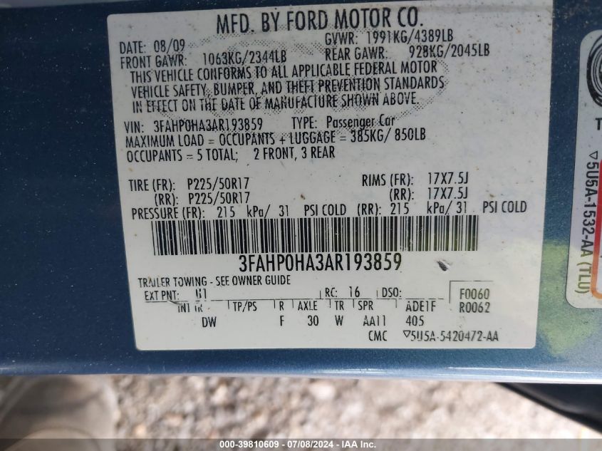 2010 Ford Fusion Se VIN: 3FAHP0HA3AR193859 Lot: 39810609