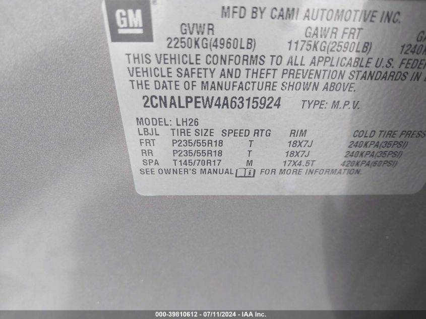 2010 Chevrolet Equinox Lt VIN: 2CNALPEW4A6315924 Lot: 39810612