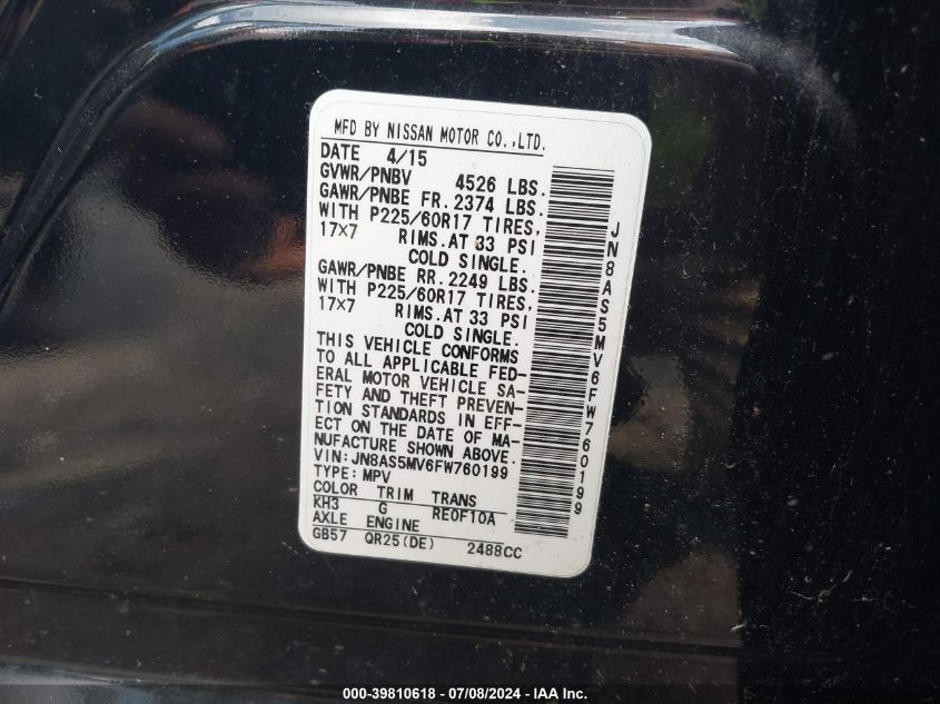 2015 Nissan Rogue Select S VIN: JN8AS5MV6FW760199 Lot: 39810618