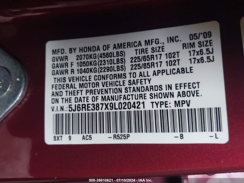 2009 Honda Cr-V Ex-L VIN: 5J6RE387X9L020421 Lot: 39810621