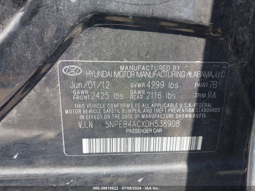 2013 Hyundai Sonata Gls VIN: 5NPEB4ACXDH538908 Lot: 39810622