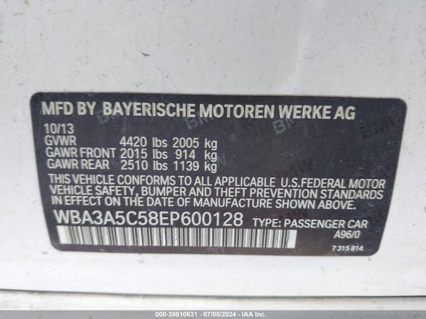 2014 BMW 328I VIN: WBA3A5C58EP600128 Lot: 39810631