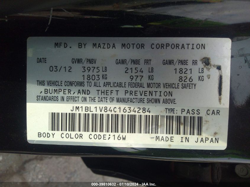 2012 Mazda Mazda3 I VIN: JM1BL1V84C1634284 Lot: 39810632