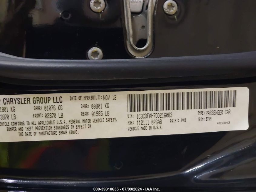 2013 Dodge Dart Aero VIN: 1C3CDFAH7DD216083 Lot: 39810635