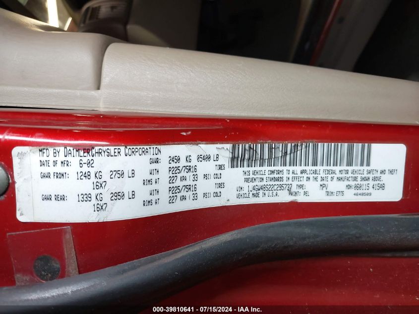 2002 Jeep Grand Cherokee Laredo VIN: 1J4GW48S22C295737 Lot: 39810641