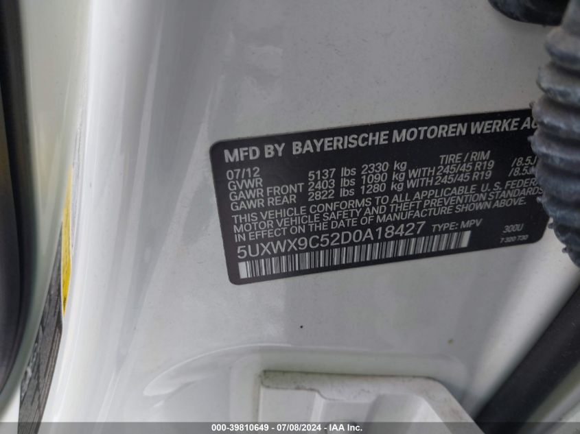 2013 BMW X3 xDrive28I VIN: 5UXWX9C52D0A18427 Lot: 39810649