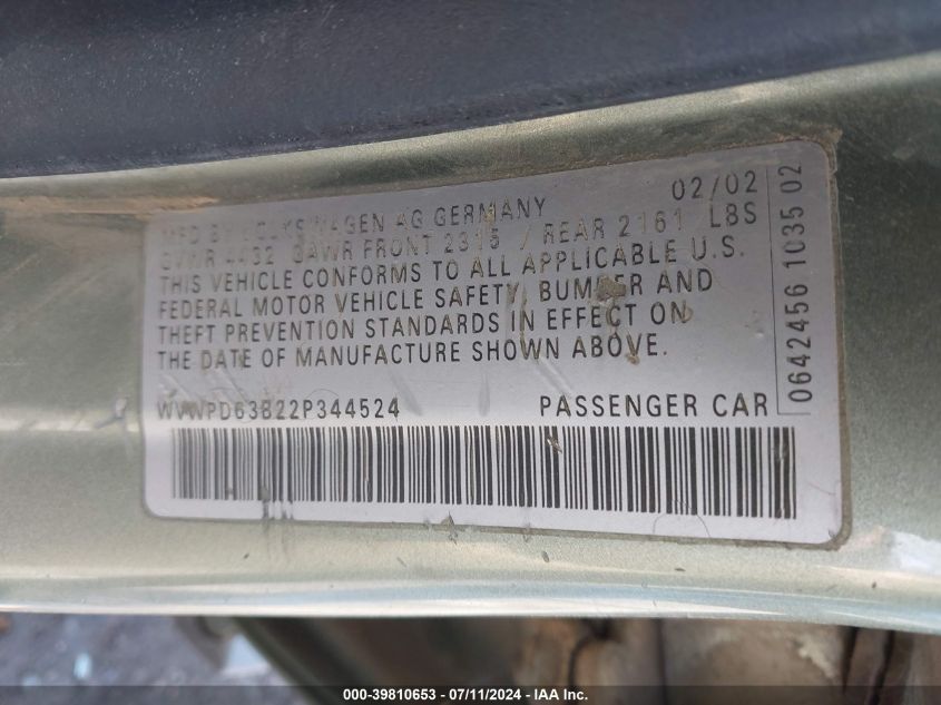2002 Volkswagen Passat Gls VIN: WVWPD63B22P344524 Lot: 39810653