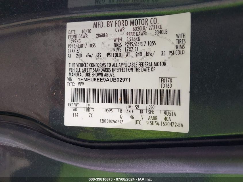 2010 Ford Explorer Eddie Bauer VIN: 1FMEU6EE9AUB02971 Lot: 39810673