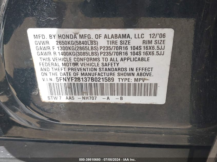 2007 Honda Pilot Lx VIN: 5FNYF28137B021589 Lot: 39810680