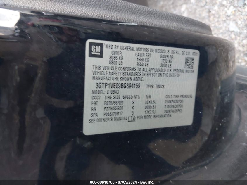 2011 GMC Sierra 1500 Sle VIN: 3GTP1VE09BG394159 Lot: 39810700