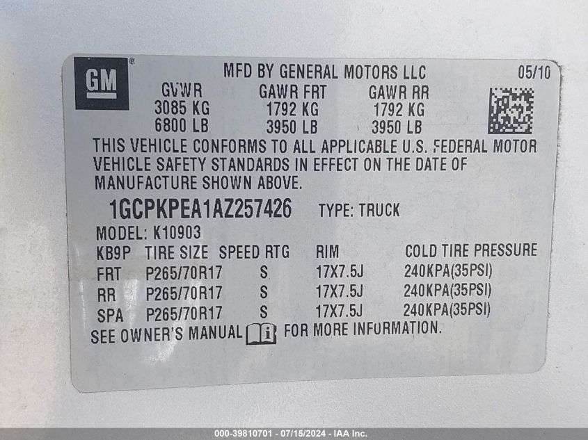 2010 Chevrolet Silverado 1500 Work Truck VIN: 1GCPKPEA1AZ257426 Lot: 39810701