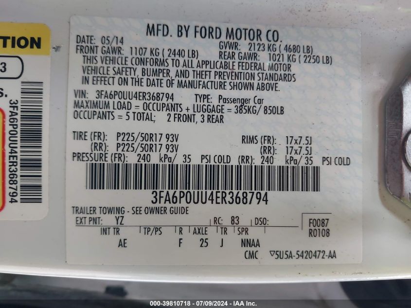 2014 Ford Fusion Hybrid S VIN: 3FA6P0UU4ER368794 Lot: 39810718