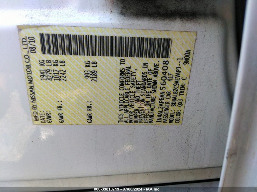 2010 Nissan Altima 2.5 S VIN: 1N4AL2AP6AN560408 Lot: 39810719