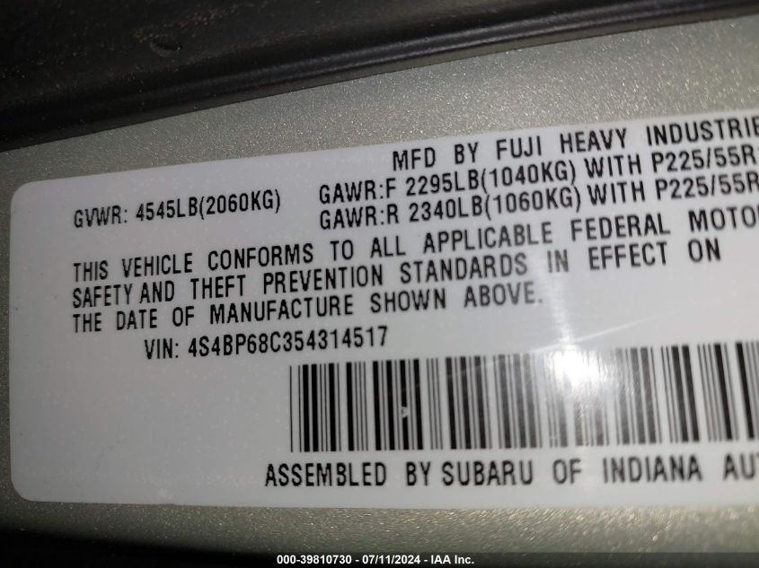 2005 Subaru Outback 2.5Xt VIN: 4S4BP68C354314517 Lot: 39810730