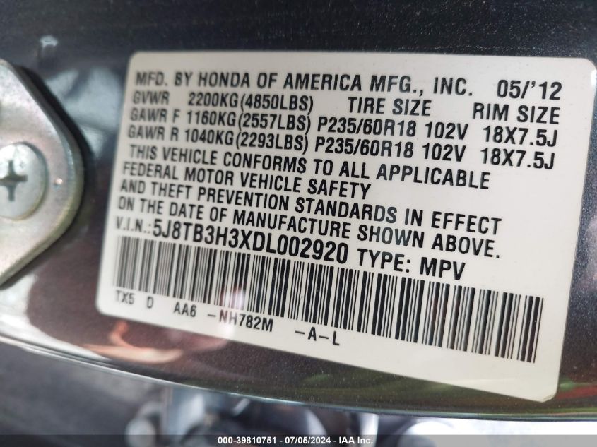 5J8TB3H3XDL002920 2013 Acura Rdx