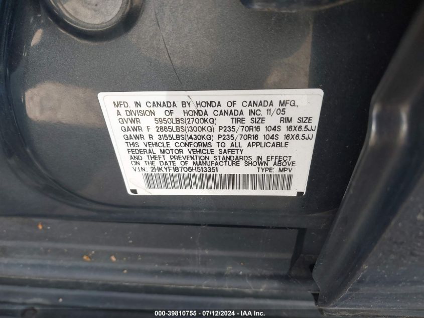 2006 Honda Pilot Ex-L VIN: 2HKYF18706H513351 Lot: 39810755