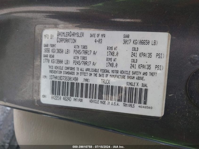 2003 Dodge Ram 1500 Slt/Laramie/St VIN: 1D7HA18D73S301490 Lot: 39810758