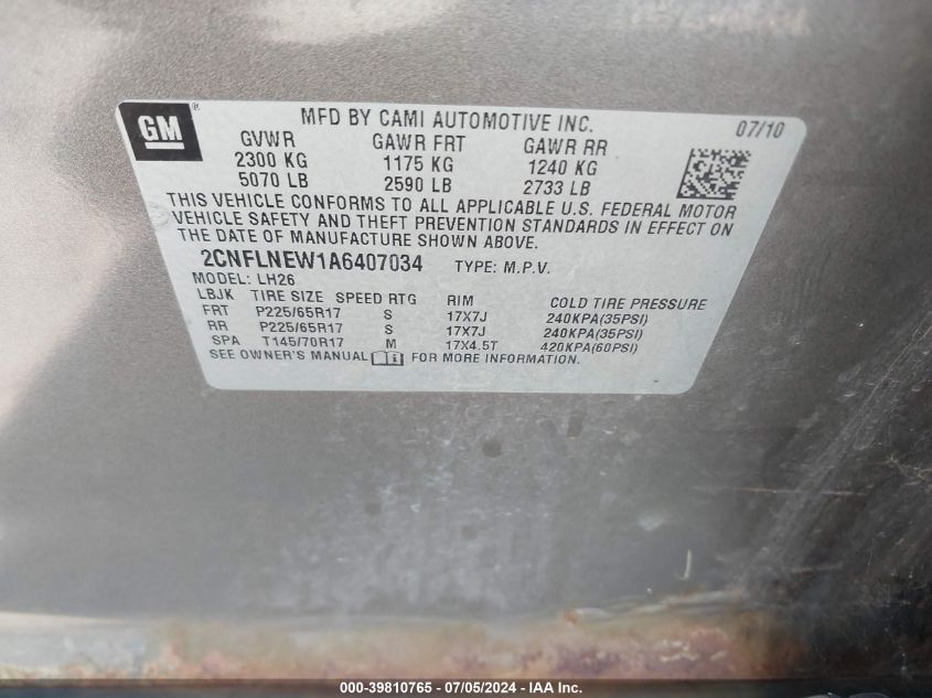 2010 Chevrolet Equinox Lt VIN: 2CNFLNEW1A6407034 Lot: 39810765