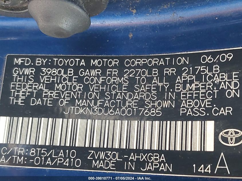 2010 Toyota Prius Iv VIN: JTDKN3DU6A0017685 Lot: 39810771