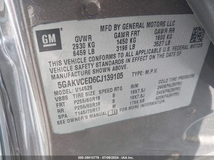 2012 Buick Enclave Leather VIN: 5GAKVCED6CJ139105 Lot: 39810776