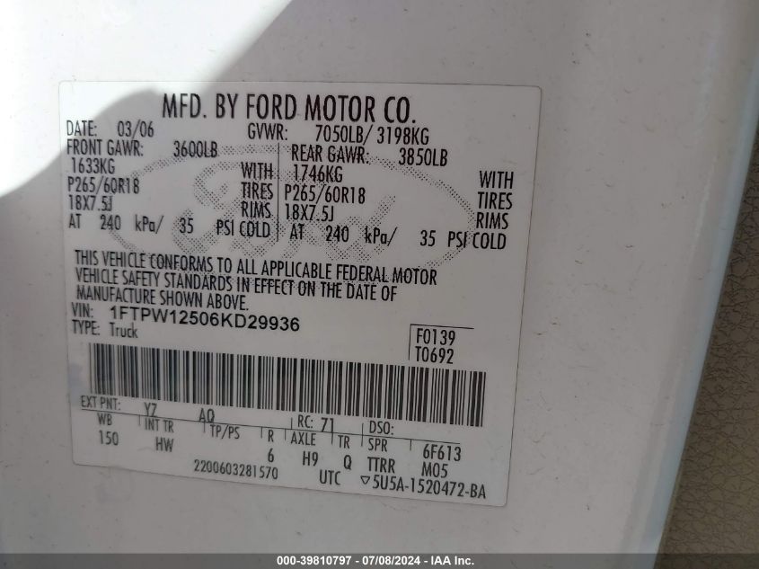 2006 Ford F-150 Lariat/Xlt VIN: 1FTPW12506KD29936 Lot: 39810797